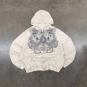 Y2K White Avirex zip-up hoodie with bold graphic print